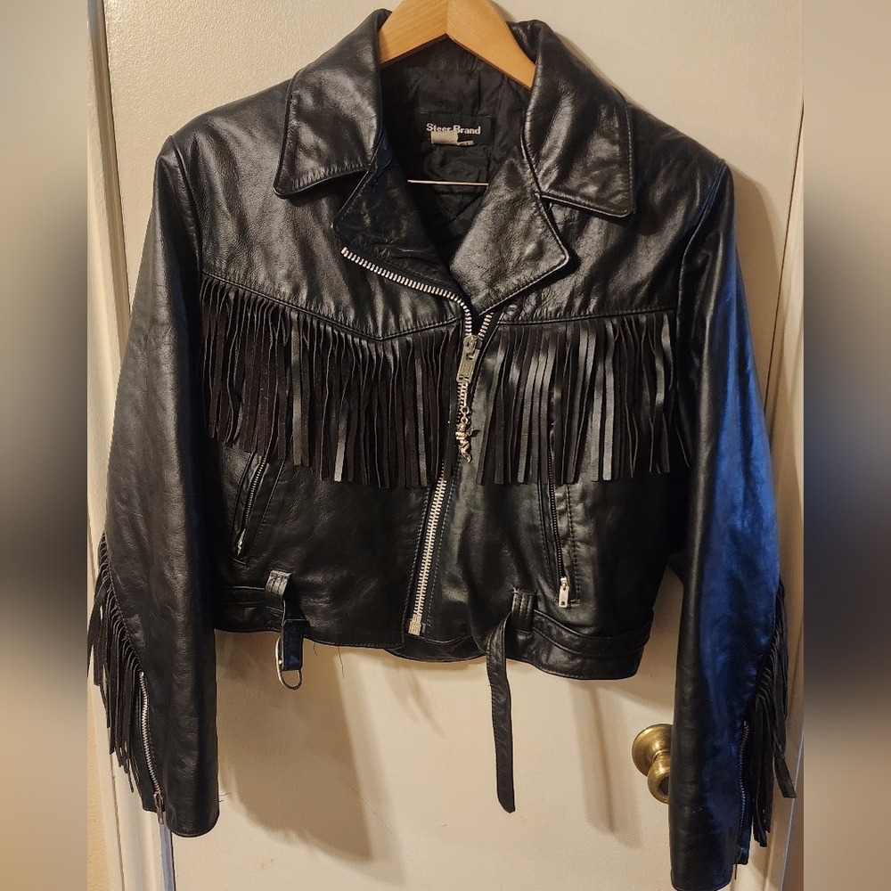 Steer Brand USA Leather Motorcycle Suit Fringed Jacket Sz 18 made in USA